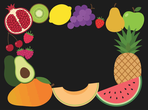 Colorful Flat Fruit Border with Copy Space on Black Background