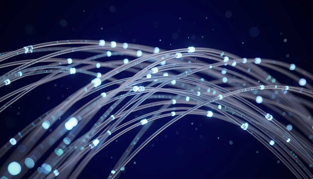Elegant photonics concept featuring glowing transparent fiber structures