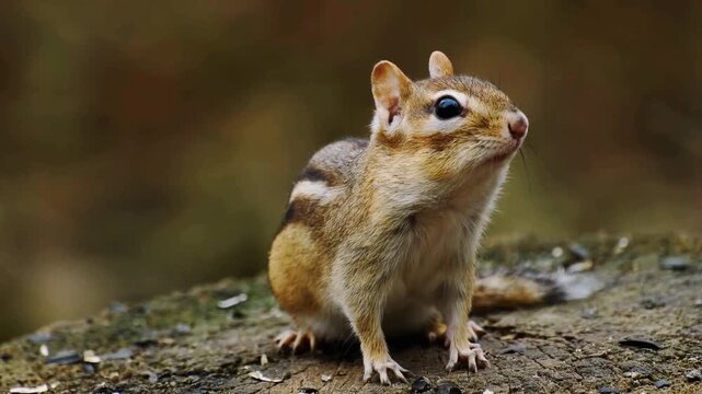 Chipmunk turns its head and curls up on a weathered log