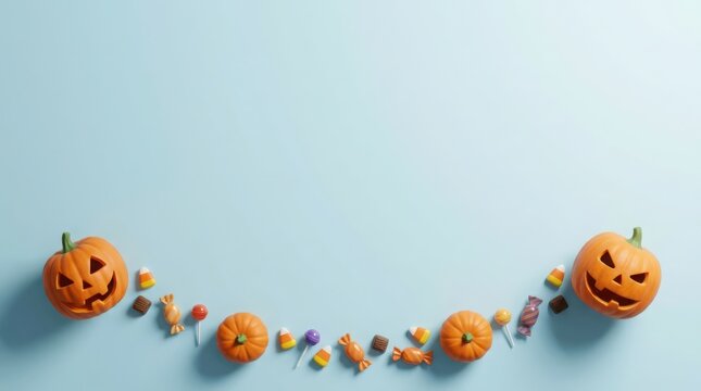 Halloween pumpkins with candy lollipops on light blue background illustration