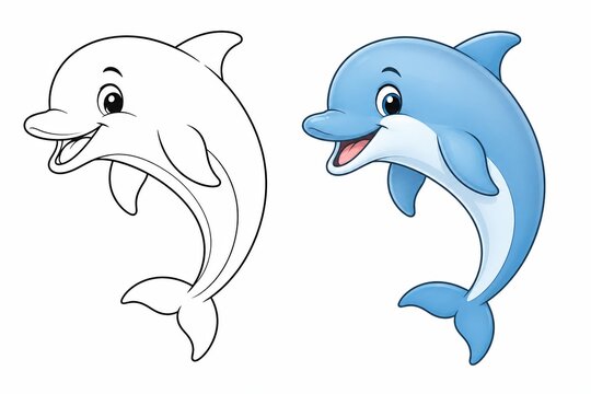Cute cartoon dolphin coloring page for kids with color reference