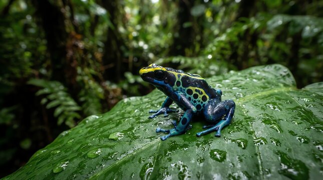 Poison dart frog on wet green leaf in jungle