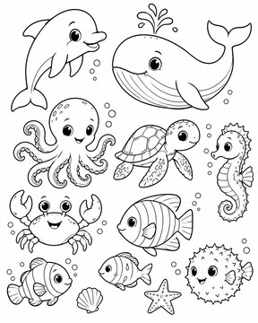 Cute sea animals collection for coloring page isolated on white background
