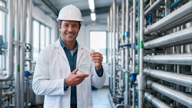 Engineer holding flask with liquid in industrial processing plant, quality control concept.