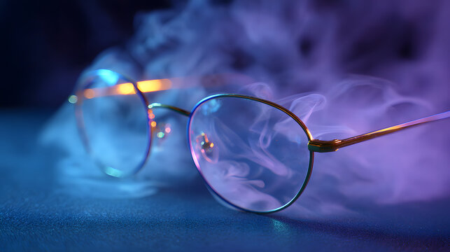 Stylish round gold-rimmed glasses resting on a dark surface, surrounded by vibrant purple and blue neon smoke, representing vision, creativity, and modern style.