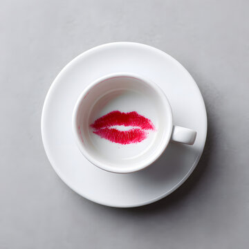 Top-down view of an empty white porcelain coffee cup on a saucer, featuring a bright red lipstick kiss mark on the bottom inside.