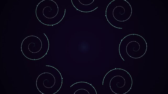 Abstract geometric pattern with glowing spirals arranged in a circular formation on dark background