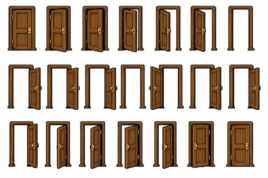 Set of pixel art brown wooden doors with different opening stages