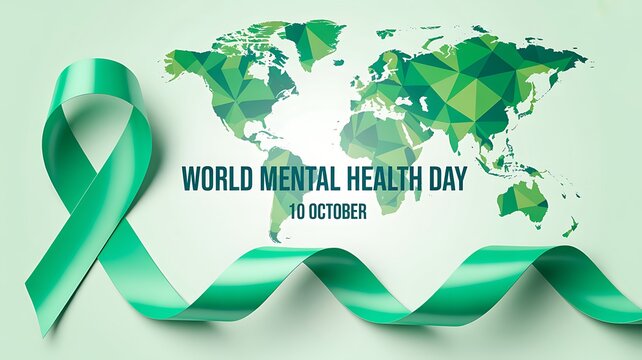 World mental health day awareness design with green ribbon and global map
