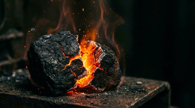 Coal burning brightly with flames and sparks on dark, rustic metal surface, representing energy, heat, and industrial power.