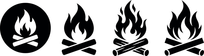 Black silhouette icons of campfires and burning wood logs with campfire icon fire icon bonfire silhouette camp fire flame icon outdoor activit © MDSOFIUL