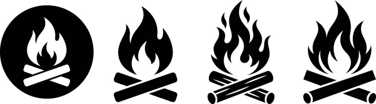 Black silhouette icons of campfires and burning wood logs with campfire icon fire icon bonfire silhouette camp fire flame icon outdoor activit
