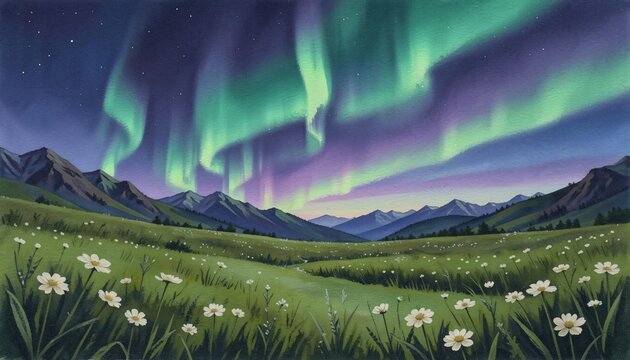 Vibrant aurora borealis shining over a peaceful alpine valley with white daisies under starry night sky.