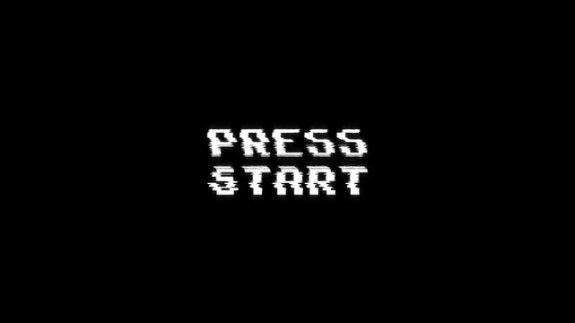 press start glitch text message with a retro effect on black background. ideal for gaming streams, intros, vintage 8-bit press start text pixel 4k video