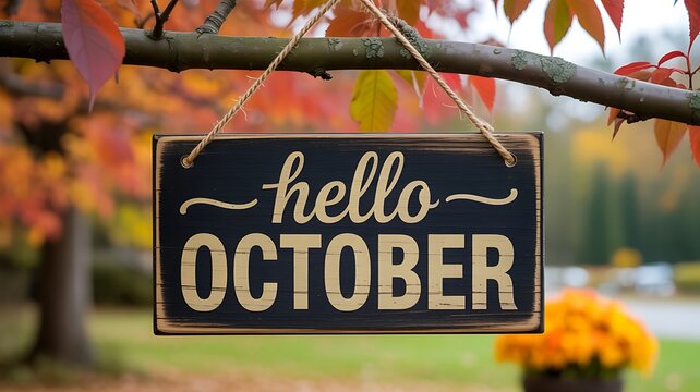 Hello october autumn sign hanging among colorful fall leaves and flowers
