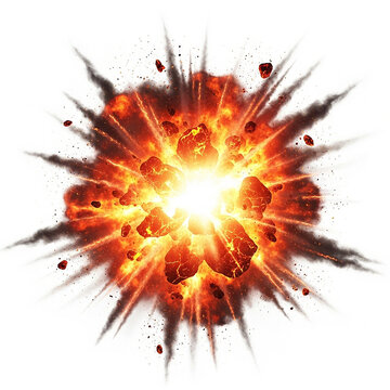 Fiery explosion with glowing lava rocks and debris flying outwards, isolated on white background