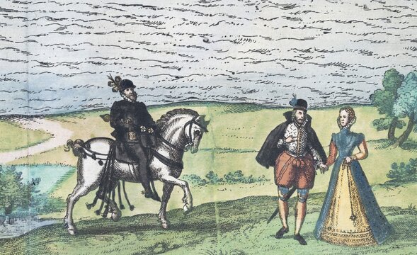 Rider, couple in traditional traditional costume, detail from: View of the city of Kiel, Schleswig Holstein, Germany, hand-coloured copperplate engraving, from Civitates Orbis Terrarum by Georg Braun and Frans Hogenberg, around 1585
