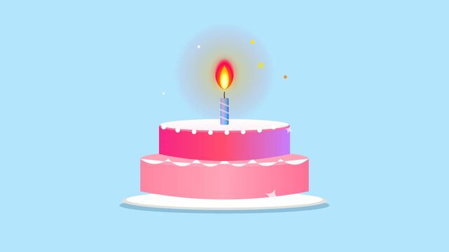 Six pink birthday cakes with lit candles on blue background