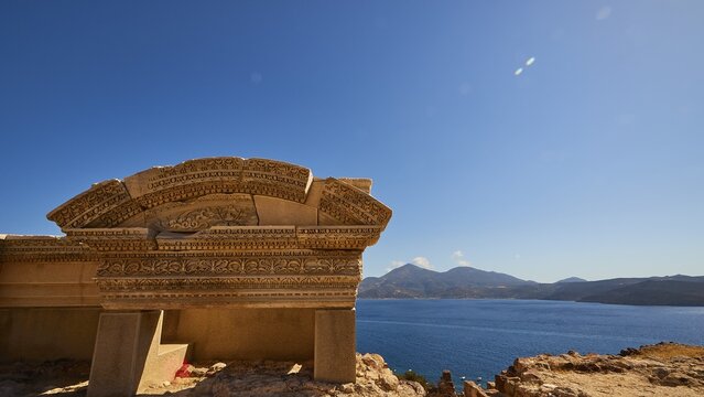 Ancient Theatre of Milos, Ancient Theatre, Roman Amphitheatre, Chapter, Wide angle, Blue sky, Sea, Mountain, Profites Elias, Tripti, Milos Island, Cyclades, Greece