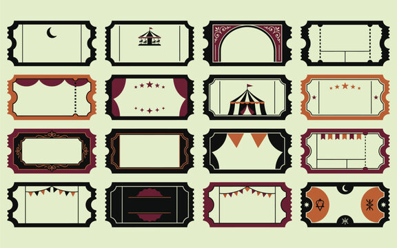 Collection of vintage style circus and theater admission tickets with various decorative frames and retro design elements