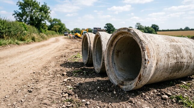 Concrete drainage pipes and culverts sit on a rural construction site during infrastructure roadwork improvements under a sunny sky