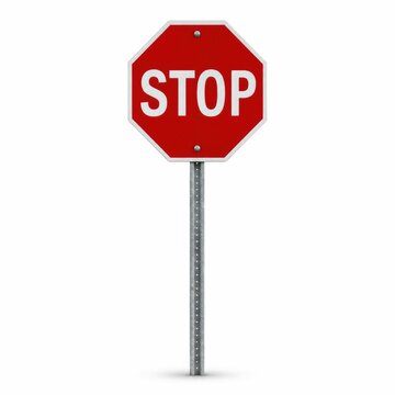  red octagonal stop sign with white letters mounted on a metal pole against a white background.