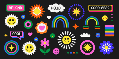 A vibrant collection of floral ornaments rainbows and positive message stickers features a colorful playful design ornament flower sunburst rainbow sticker typography greeting © Sanjit