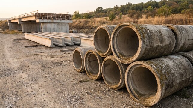 Concrete drainage pipes and highway bridge construction site featuring stacked culverts and precast beams in a rural industrial development landscape