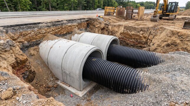 Road construction drainage pipes installation process with concrete culverts and corrugated tubing lying in an open trench at a highway development site