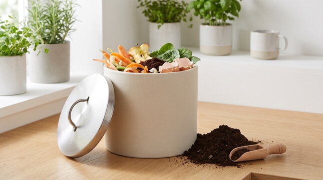 Kitchen compost bin and food scraps sitting on a wooden counter represent sustainable zero waste living in a bright modern home interior