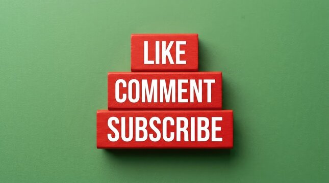 Stacked blocks display engagement prompts like comment subscribe on green background with Three red blocks form stack white text reading communication