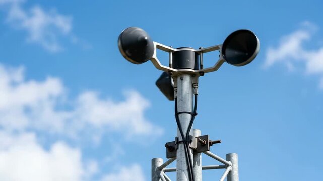 Anemometer Spinning Under Bright Blue Sky with Fluffy Clouds