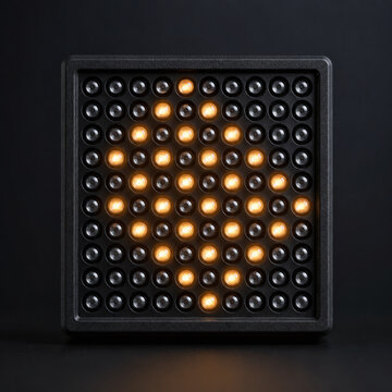Glowing Amber Chevron on Dark Dot Matrix Display