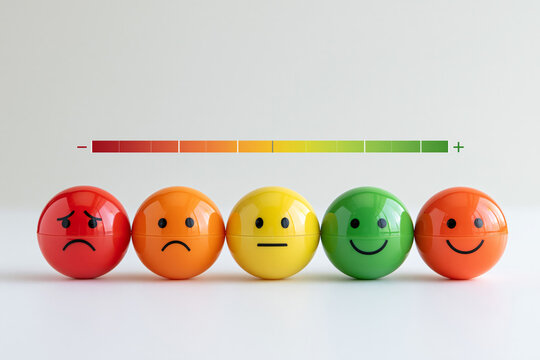 Emotion scale colorful sphere emoji face feedback rating mood range row on white sad to happy