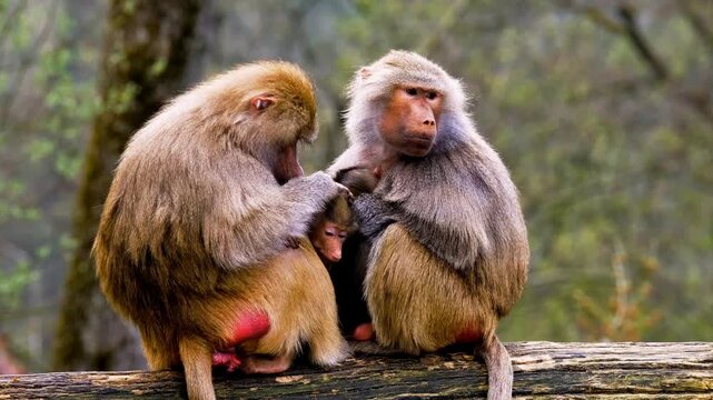 Two adorable monkeys sitting on a tree branch in a forest video