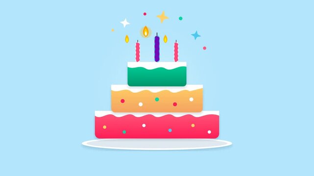 Flat vector birthday cake animation with colorful tiers