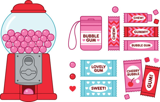 Retro Red Gumball Machine and Bubble Gum Vector Collection Featuring Chewing Gum Candy Wrappers and Sweet Treats for Food and Nostalgic Designs