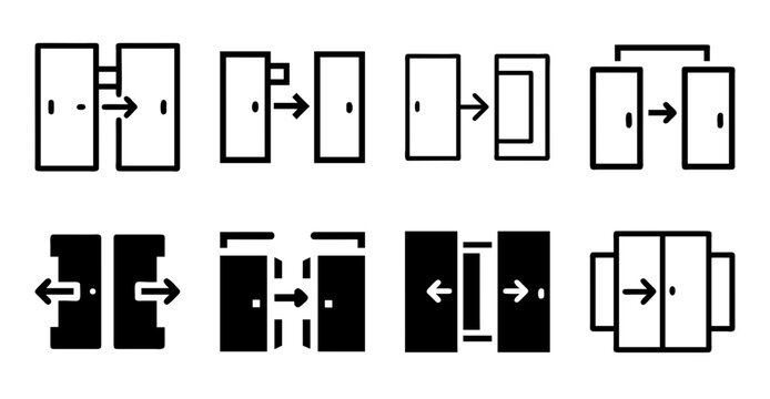 Flat door handle and lock mechanism icons - Minimalist vector icons showing various door handle and lock styles with open and close actions in black and white