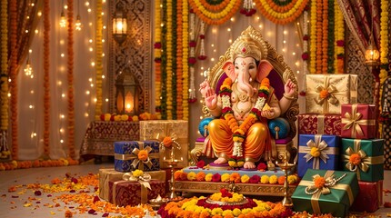 Fototapeta premium Grand Lord Ganesha Idol Decorated for Ganesh Chaturthi Festival Puja with Traditional Gifts and Diyas