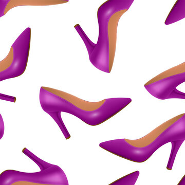 Purple High Heel Shoes Seamless Pattern Vector Illustration. Purple Stiletto Pumps Pattern. High Heels Fashion Background. Womens Shoes Repeat Print on White Background