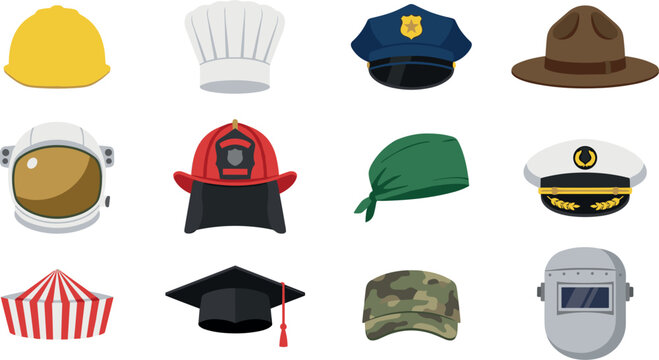 Professional uniform hats vector icon set featuring flat cartoon illustrations of firefighter helmet astronaut visor chef cap police hat and graduation mortarboard
