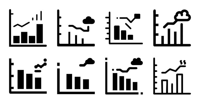 Eight business growth trend icons with cloud symbols - Set of eight minimalist icons showing upward and downward business trends, some with cloud symbols representing digital or unpredictable factors.