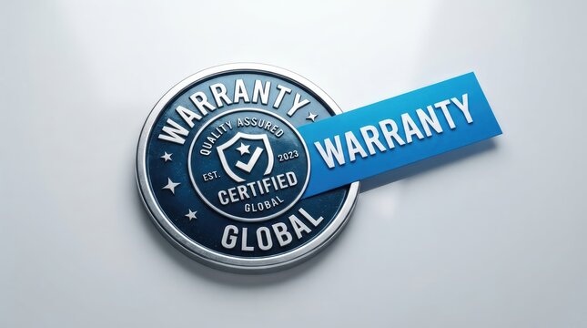 Quality assured global warranty certification badge with highlighted text on light background with displays quality authentication professional