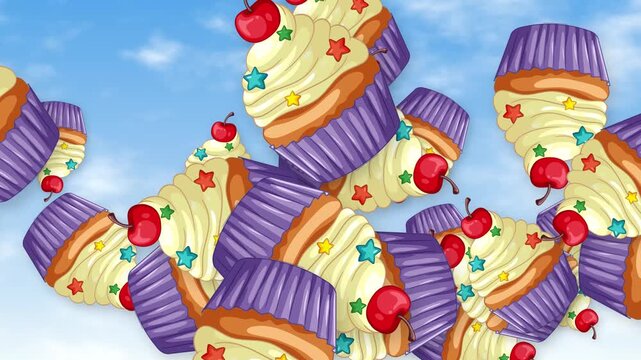 Animated Cupcakes Falling and Bursting Across a Bright Blue Sky