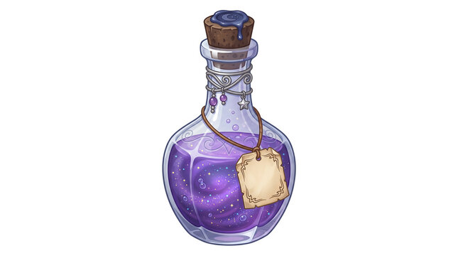 Fantasy magic potion bottle with purple liquid, mystical alchemy glass jar with cork and tag, enchanted elixir for gaming isolated PNG with Transparent Background