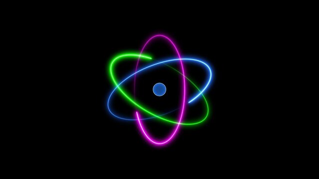 Abstract atom model with orbiting electrons in neon colors on a black background science physics