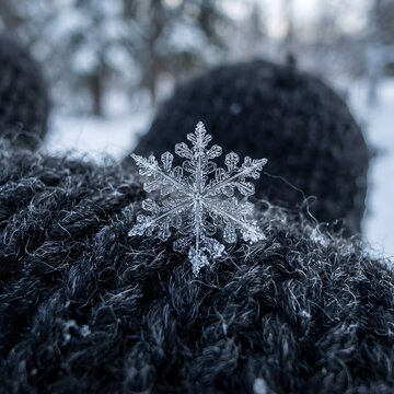 A perfect, six-pointed snowflake delicately rests on a dark knitted wool surface, showcasing the intricate and ephemeral beauty of a winter's frosty marvel under a cold sky