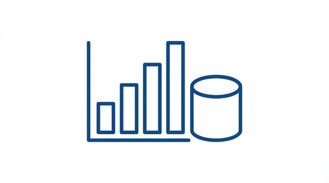 Blue line icon of a growing bar chart and a database storage cylinder