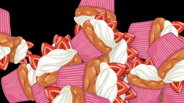 Animated Strawberry Cupcakes Bursting and Floating on Black Background