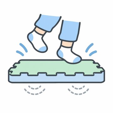 Feet in socks landing on a cushioned floor mat with muffled sound waves below, child footstep noise prevention concept